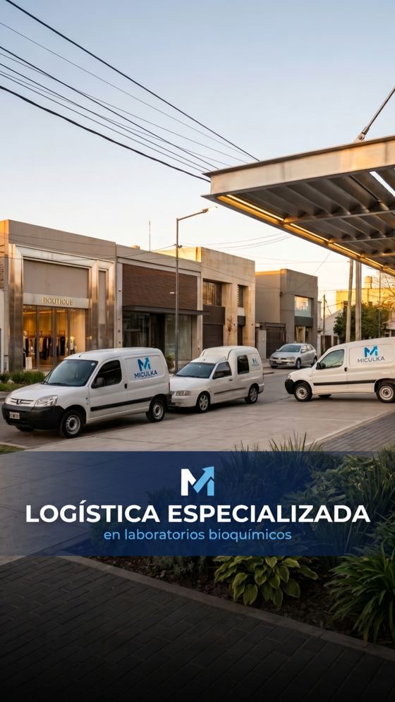 Flota de camionetas de Miculka Logística estacionada en un operativo de logística especializada para laboratorios bioquímicos